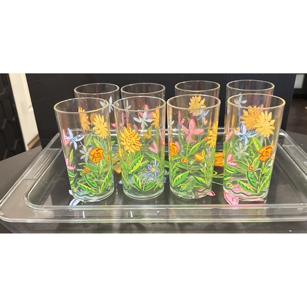 Dansk Clear Floral Tropical Melamine 8 Tumblers Glasses Serving Tray 16 Oz Boho